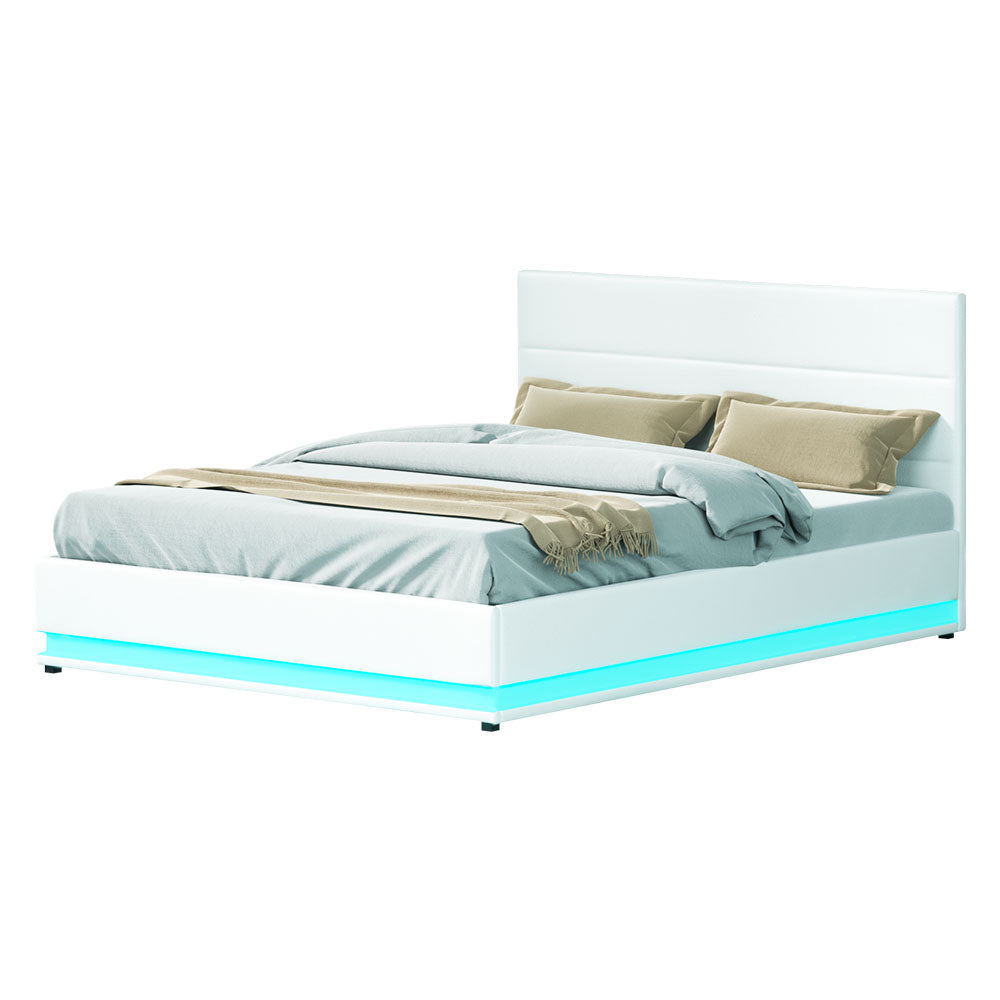 Artiss Bed Frame Queen Size LED Gas Lift White LUMI Mattress Hub
